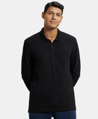 Super Combed Cotton Rich Pique Fabric Solid Full Sleeve Polo T-Shirt with Ribbed Cuffs - Black-1