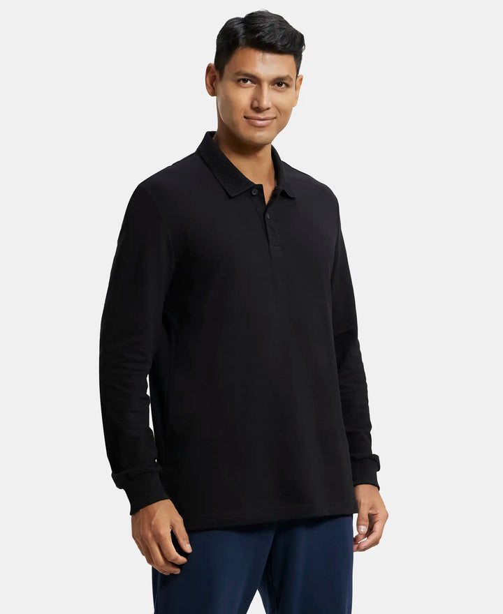 Super Combed Cotton Rich Pique Fabric Solid Full Sleeve Polo T-Shirt with Ribbed Cuffs - Black-2