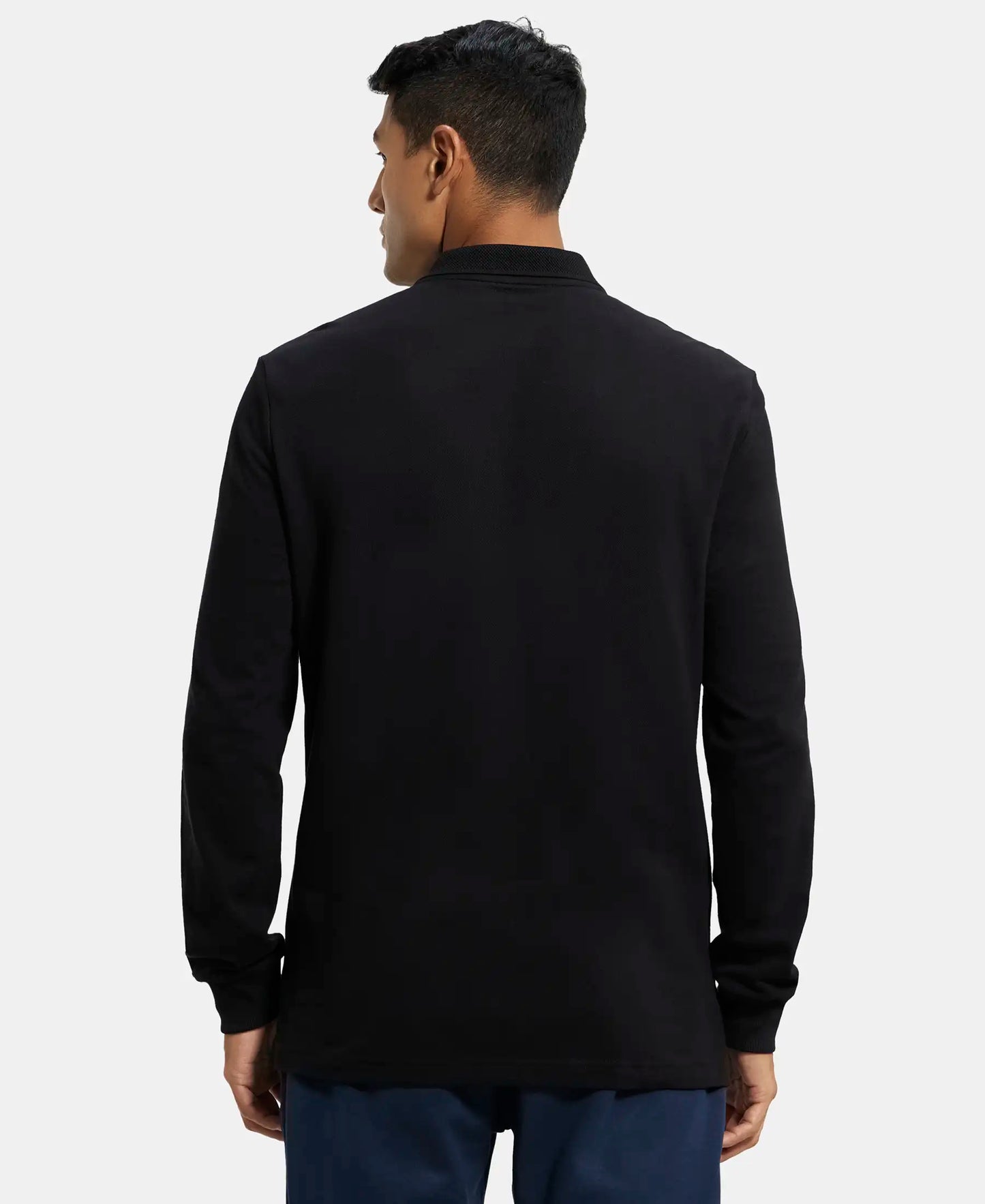Super Combed Cotton Rich Pique Fabric Solid Full Sleeve Polo T-Shirt with Ribbed Cuffs - Black-3