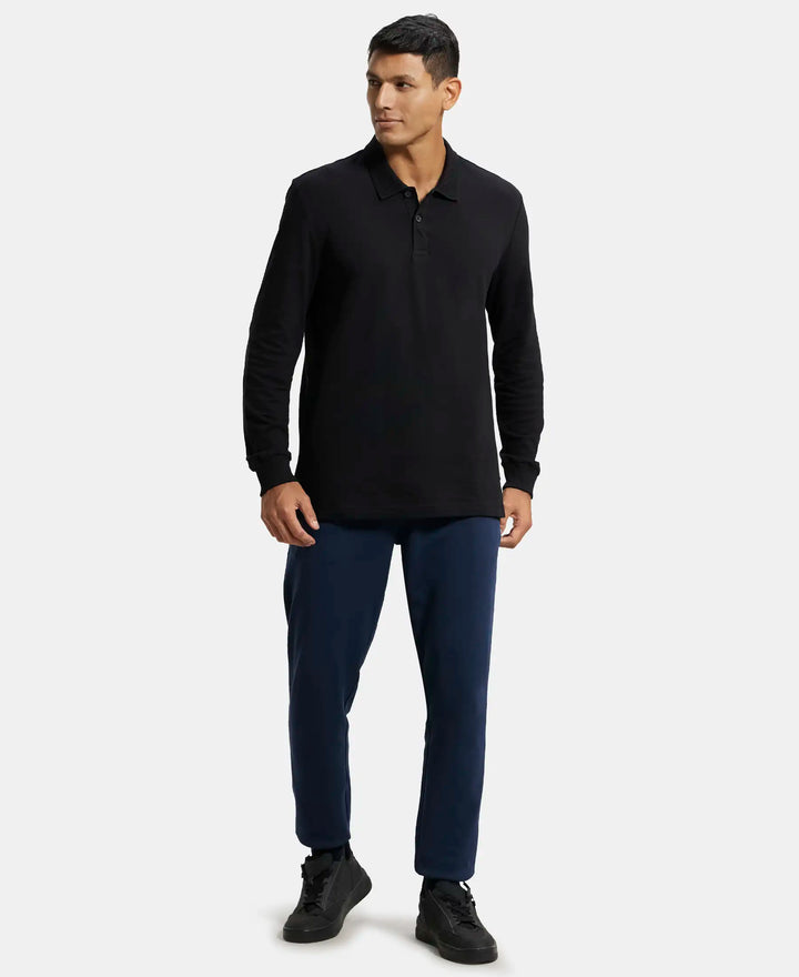 Super Combed Cotton Rich Pique Fabric Solid Full Sleeve Polo T-Shirt with Ribbed Cuffs - Black-4