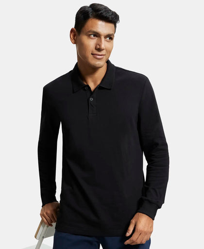 Super Combed Cotton Rich Pique Fabric Solid Full Sleeve Polo T-Shirt with Ribbed Cuffs - Black-5