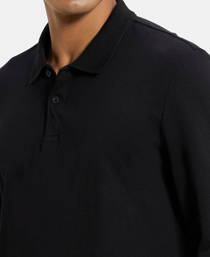 Super Combed Cotton Rich Pique Fabric Solid Full Sleeve Polo T-Shirt with Ribbed Cuffs - Black-6