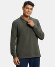 Super Combed Cotton Rich Pique Fabric Solid Full Sleeve Polo T-Shirt with Ribbed Cuffs - Deep Olive-1