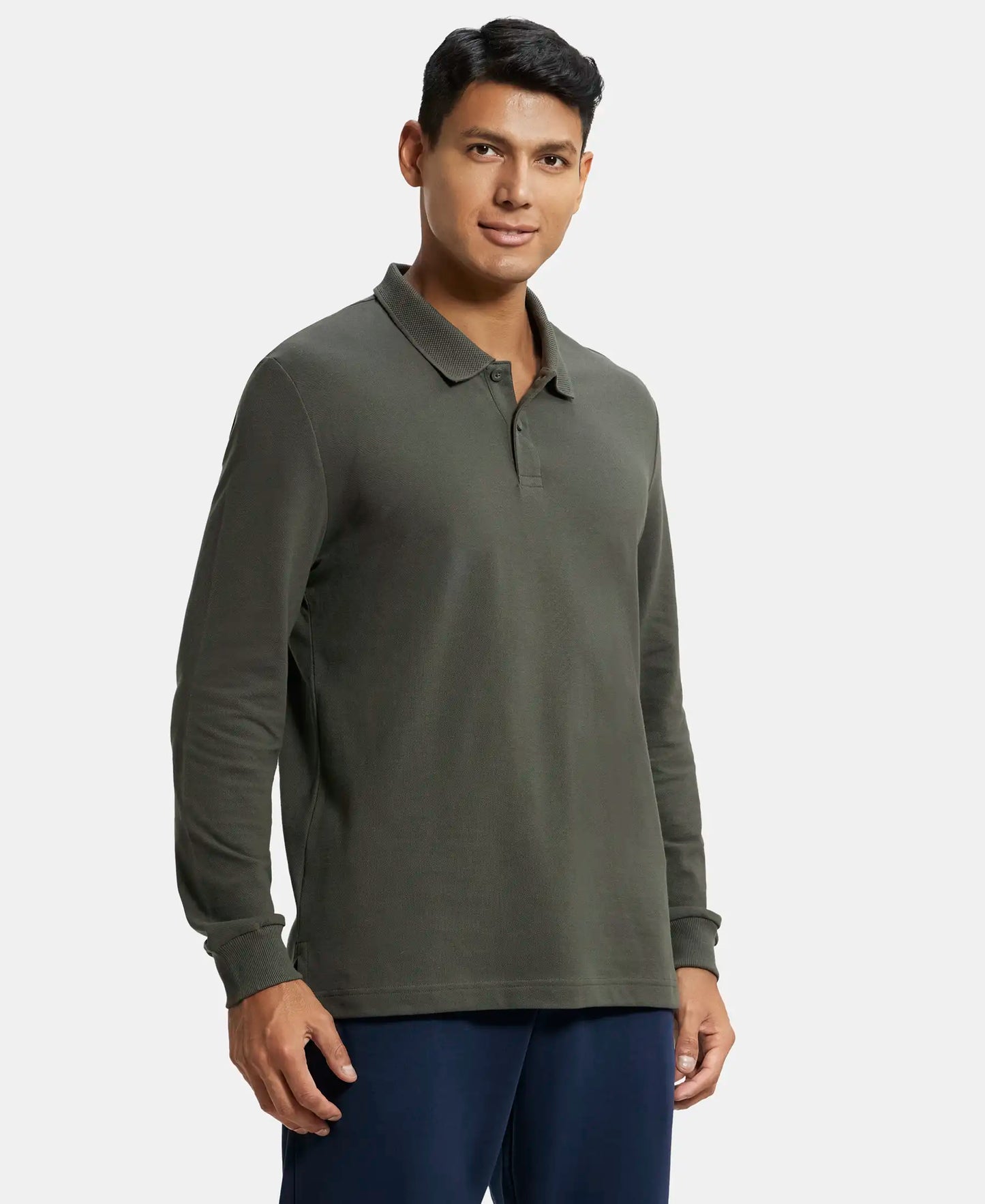 Super Combed Cotton Rich Pique Fabric Solid Full Sleeve Polo T-Shirt with Ribbed Cuffs - Deep Olive-2