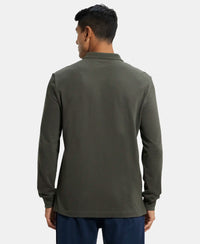 Super Combed Cotton Rich Pique Fabric Solid Full Sleeve Polo T-Shirt with Ribbed Cuffs - Deep Olive-3