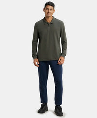 Super Combed Cotton Rich Pique Fabric Solid Full Sleeve Polo T-Shirt with Ribbed Cuffs - Deep Olive-4