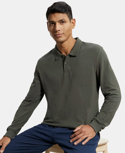 Super Combed Cotton Rich Pique Fabric Solid Full Sleeve Polo T-Shirt with Ribbed Cuffs - Deep Olive-5