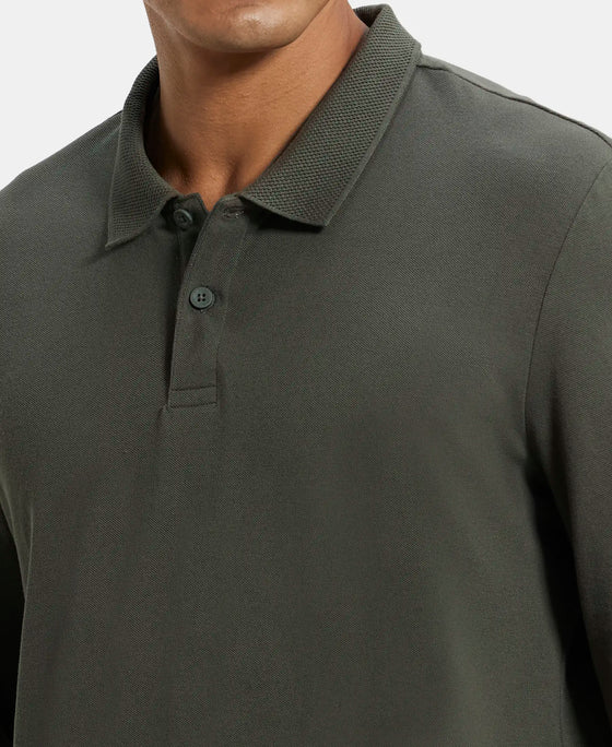 Super Combed Cotton Rich Pique Fabric Solid Full Sleeve Polo T-Shirt with Ribbed Cuffs - Deep Olive-6