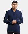 Super Combed Cotton Rich Pique Fabric Solid Full Sleeve Polo T-Shirt with Ribbed Cuffs - Navy-1