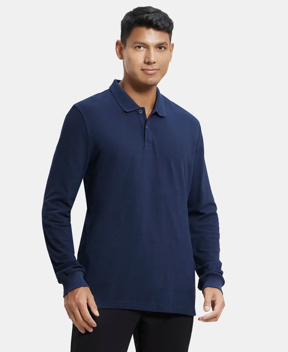 Super Combed Cotton Rich Pique Fabric Solid Full Sleeve Polo T-Shirt with Ribbed Cuffs - Navy-2