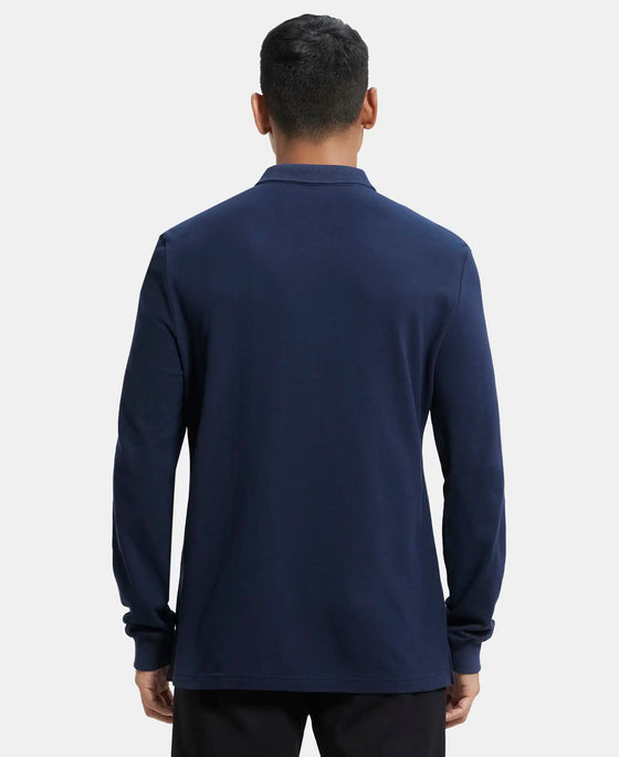 Super Combed Cotton Rich Pique Fabric Solid Full Sleeve Polo T-Shirt with Ribbed Cuffs - Navy-3