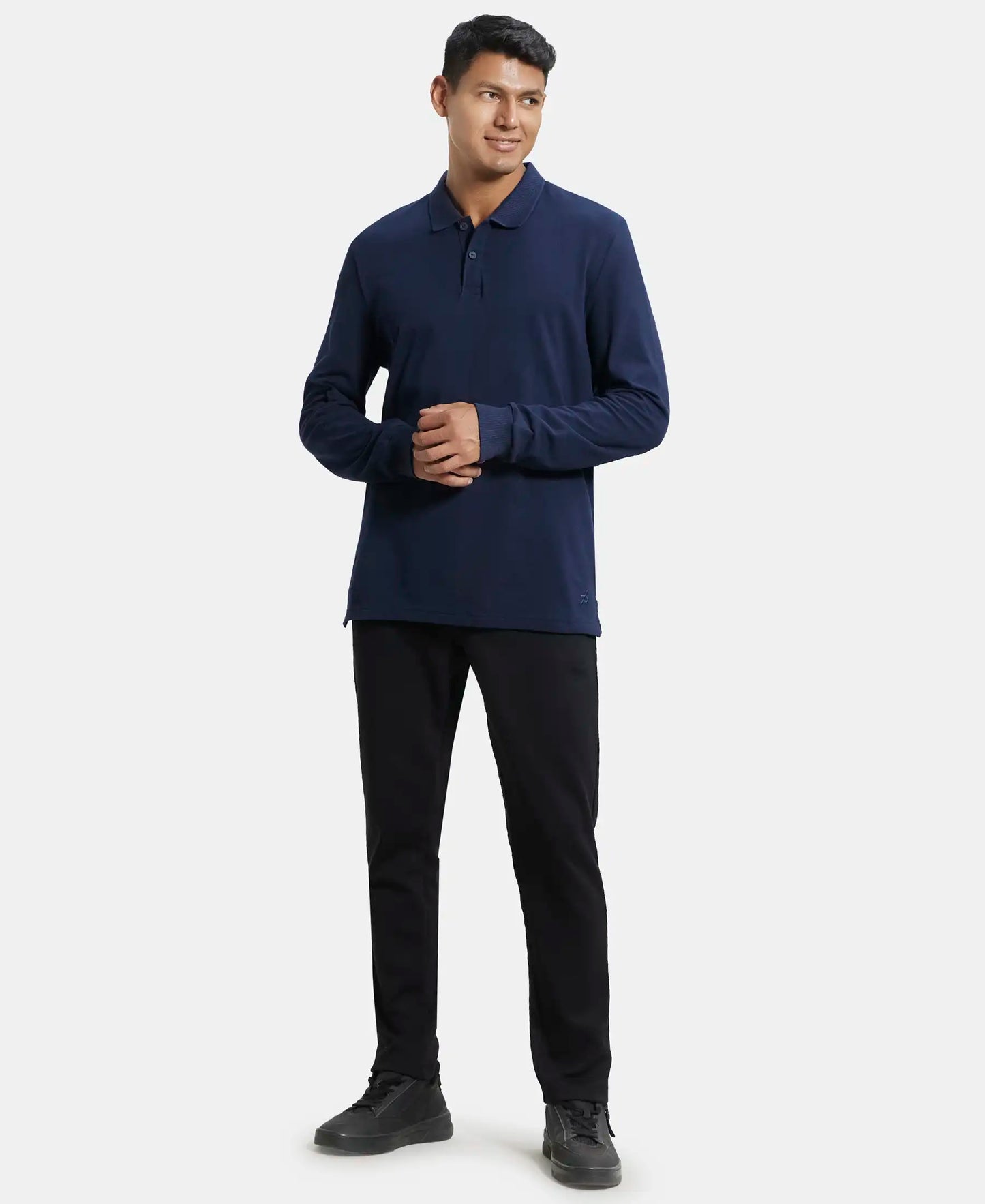 Super Combed Cotton Rich Pique Fabric Solid Full Sleeve Polo T-Shirt with Ribbed Cuffs - Navy-4