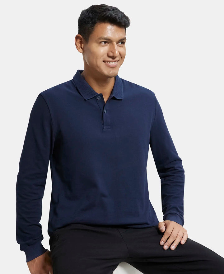Super Combed Cotton Rich Pique Fabric Solid Full Sleeve Polo T-Shirt with Ribbed Cuffs - Navy-5