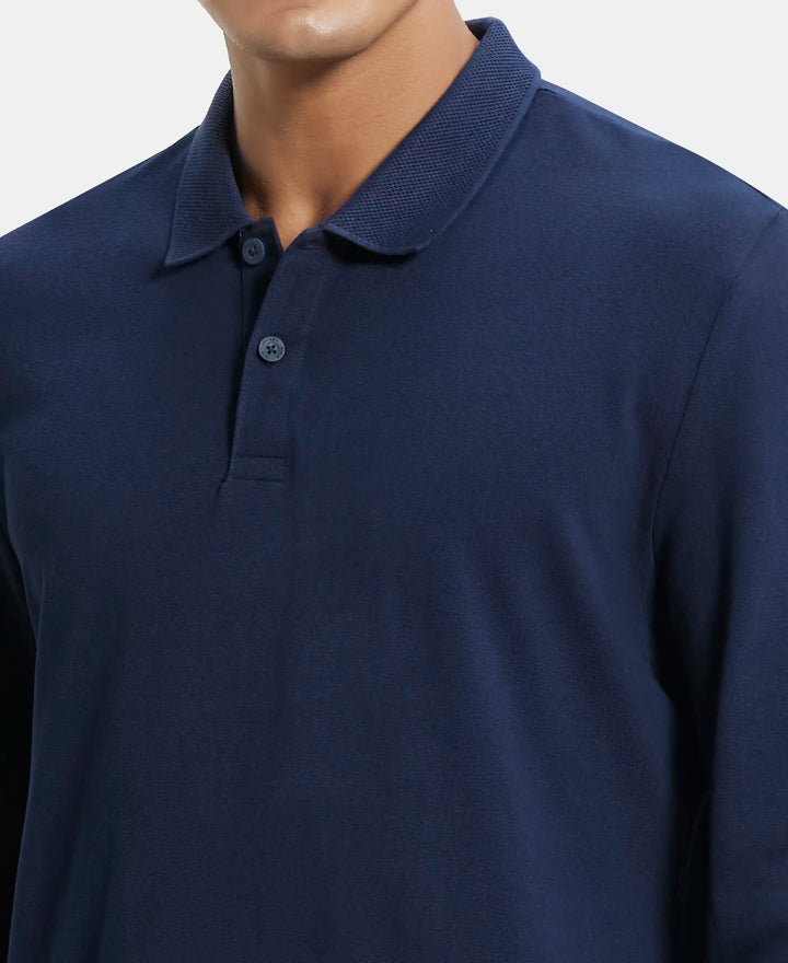 Super Combed Cotton Rich Pique Fabric Solid Full Sleeve Polo T-Shirt with Ribbed Cuffs - Navy-6