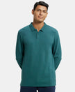 Super Combed Cotton Rich Pique Fabric Solid Full Sleeve Polo T-Shirt with Ribbed Cuffs - Pacific Green-1