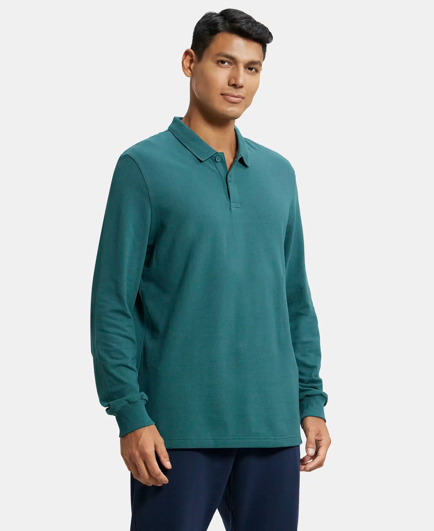 Super Combed Cotton Rich Pique Fabric Solid Full Sleeve Polo T-Shirt with Ribbed Cuffs - Pacific Green-2