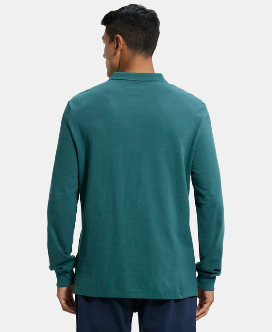 Super Combed Cotton Rich Pique Fabric Solid Full Sleeve Polo T-Shirt with Ribbed Cuffs - Pacific Green-3
