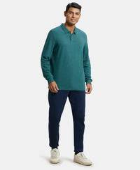 Super Combed Cotton Rich Pique Fabric Solid Full Sleeve Polo T-Shirt with Ribbed Cuffs - Pacific Green-4