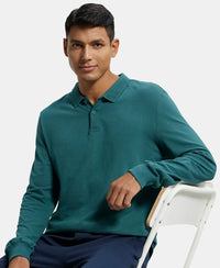 Super Combed Cotton Rich Pique Fabric Solid Full Sleeve Polo T-Shirt with Ribbed Cuffs - Pacific Green-5