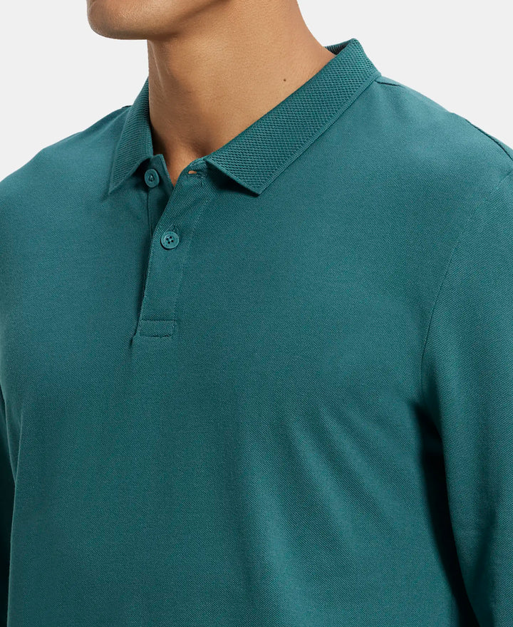 Super Combed Cotton Rich Pique Fabric Solid Full Sleeve Polo T-Shirt with Ribbed Cuffs - Pacific Green-6