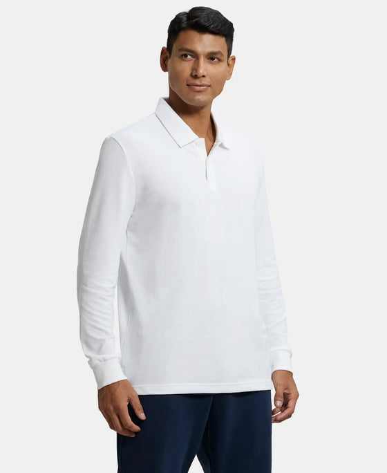 Super Combed Cotton Rich Pique Fabric Solid Full Sleeve Polo T-Shirt with Ribbed Cuffs - White-2