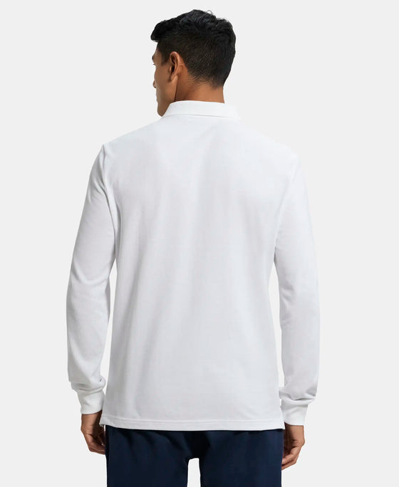 Super Combed Cotton Rich Pique Fabric Solid Full Sleeve Polo T-Shirt with Ribbed Cuffs - White-3