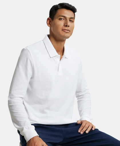 Super Combed Cotton Rich Pique Fabric Solid Full Sleeve Polo T-Shirt with Ribbed Cuffs - White-5
