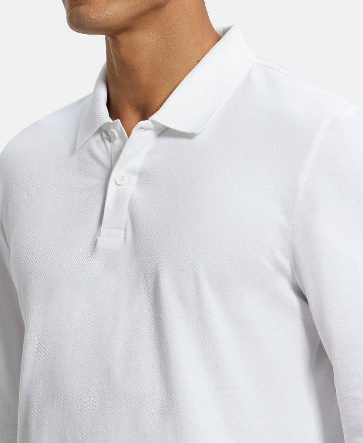 Super Combed Cotton Rich Pique Fabric Solid Full Sleeve Polo T-Shirt with Ribbed Cuffs - White-6