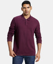 Super Combed Cotton Rich Pique Fabric Solid Full Sleeve Polo T-Shirt with Ribbed Cuffs - Wine Tasting-1