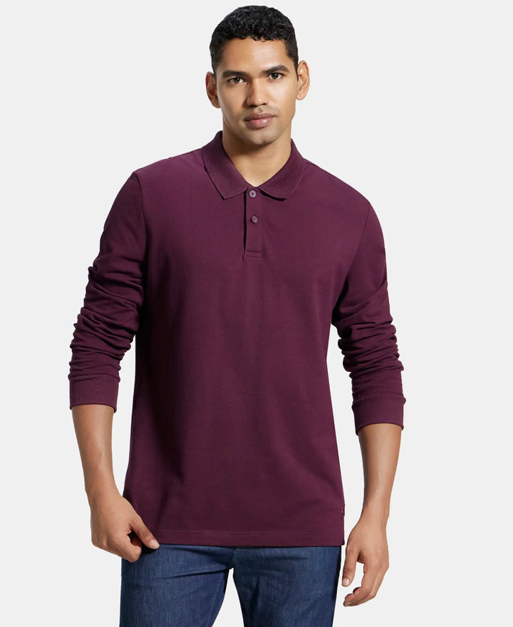 Super Combed Cotton Rich Pique Fabric Solid Full Sleeve Polo T-Shirt with Ribbed Cuffs - Wine Tasting-1