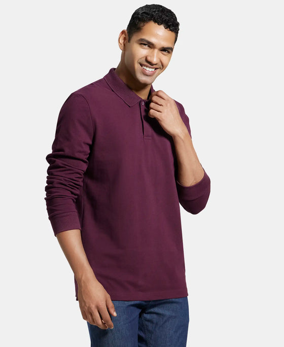 Super Combed Cotton Rich Pique Fabric Solid Full Sleeve Polo T-Shirt with Ribbed Cuffs - Wine Tasting-2