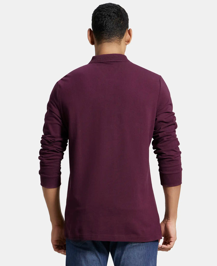 Super Combed Cotton Rich Pique Fabric Solid Full Sleeve Polo T-Shirt with Ribbed Cuffs - Wine Tasting-3
