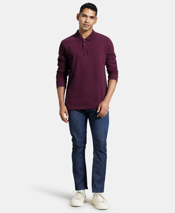 Super Combed Cotton Rich Pique Fabric Solid Full Sleeve Polo T-Shirt with Ribbed Cuffs - Wine Tasting-4