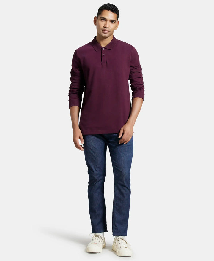 Super Combed Cotton Rich Pique Fabric Solid Full Sleeve Polo T-Shirt with Ribbed Cuffs - Wine Tasting-4