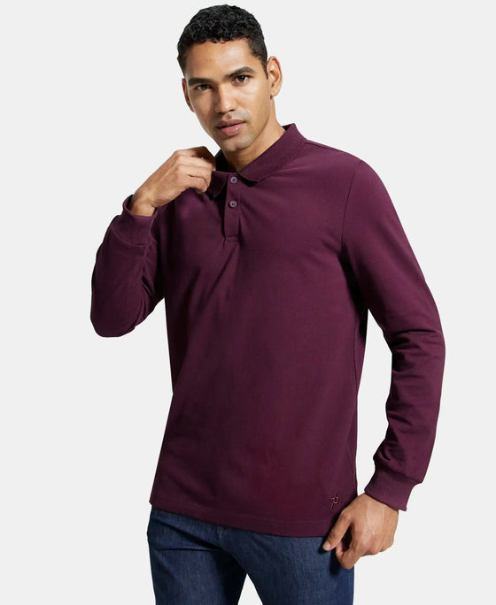 Super Combed Cotton Rich Pique Fabric Solid Full Sleeve Polo T-Shirt with Ribbed Cuffs - Wine Tasting-5