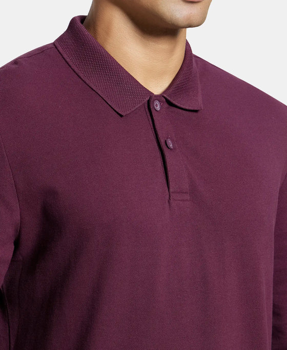 Super Combed Cotton Rich Pique Fabric Solid Full Sleeve Polo T-Shirt with Ribbed Cuffs - Wine Tasting-6