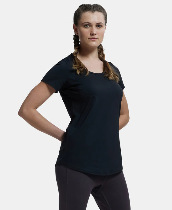 Tactel Microfiber Elastane Relaxed Fit Solid Curved Hem Styled Half Sleeve T-Shirt - Black-2