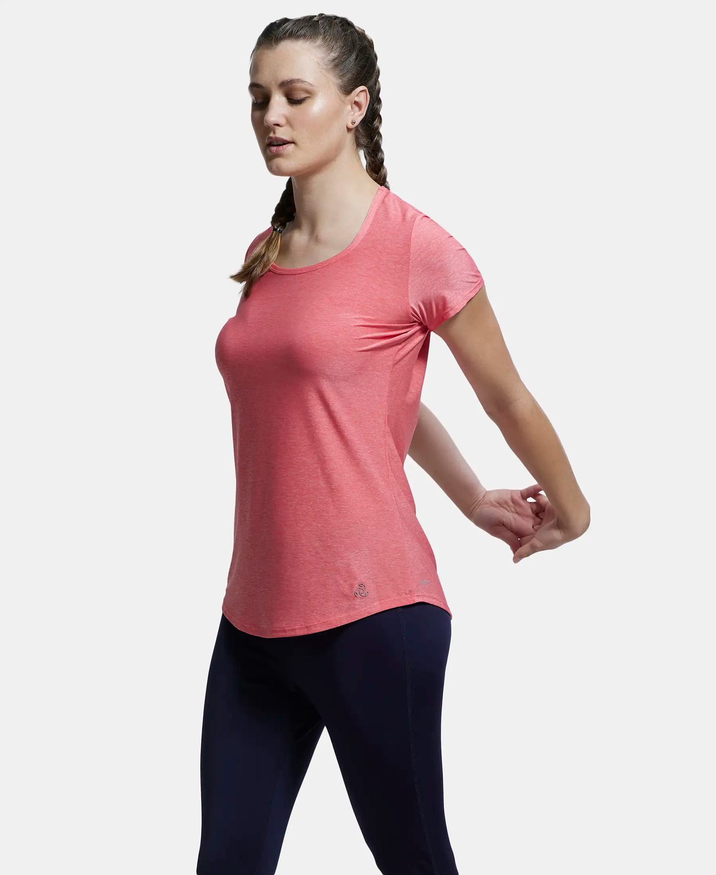 Tactel Microfiber Elastane Relaxed Fit Solid Curved Hem Styled Half Sleeve T-Shirt - Coral Melange-6