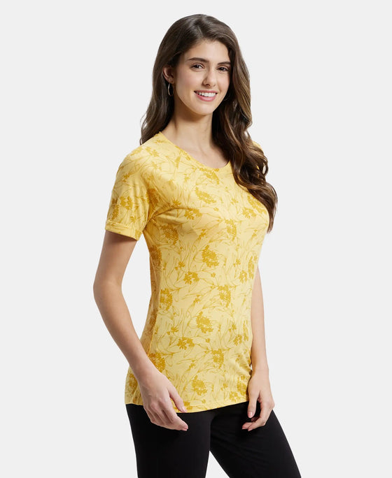 Micro Modal Cotton Relaxed Fit Printed Round Neck Half Sleeve T-Shirt - Banana Cream-2