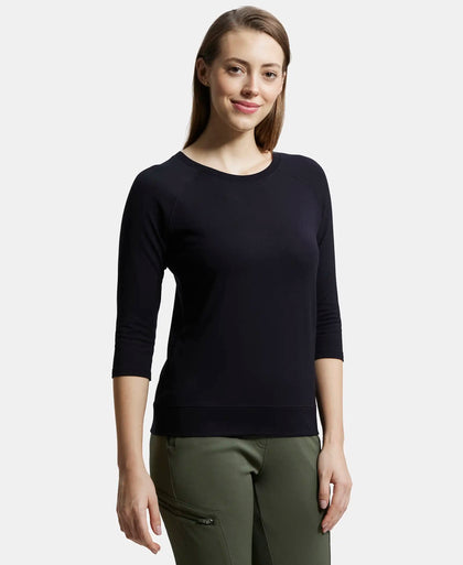 Super Combed Cotton Viscose Elastane Regular Fit Solid Round Neck Three Quarter Sleeve T-Shirt - Black-2