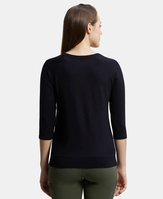 Super Combed Cotton Viscose Elastane Regular Fit Solid Round Neck Three Quarter Sleeve T-Shirt - Black-3