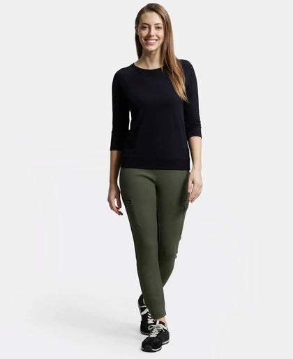 Super Combed Cotton Viscose Elastane Regular Fit Solid Round Neck Three Quarter Sleeve T-Shirt - Black-4