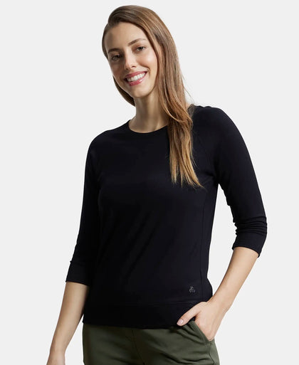 Super Combed Cotton Viscose Elastane Regular Fit Solid Round Neck Three Quarter Sleeve T-Shirt - Black-5