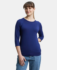 Super Combed Cotton Viscose Elastane Regular Fit Solid Round Neck Three Quarter Sleeve T-Shirt - Medieval Blue-1