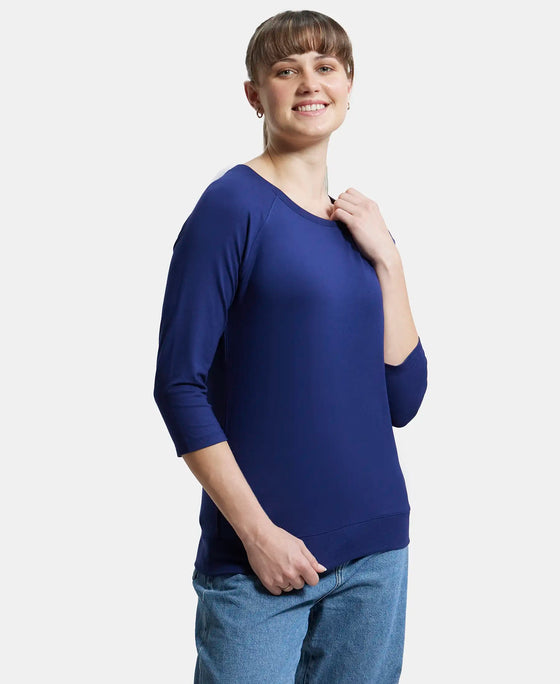 Super Combed Cotton Viscose Elastane Regular Fit Solid Round Neck Three Quarter Sleeve T-Shirt - Medieval Blue-2