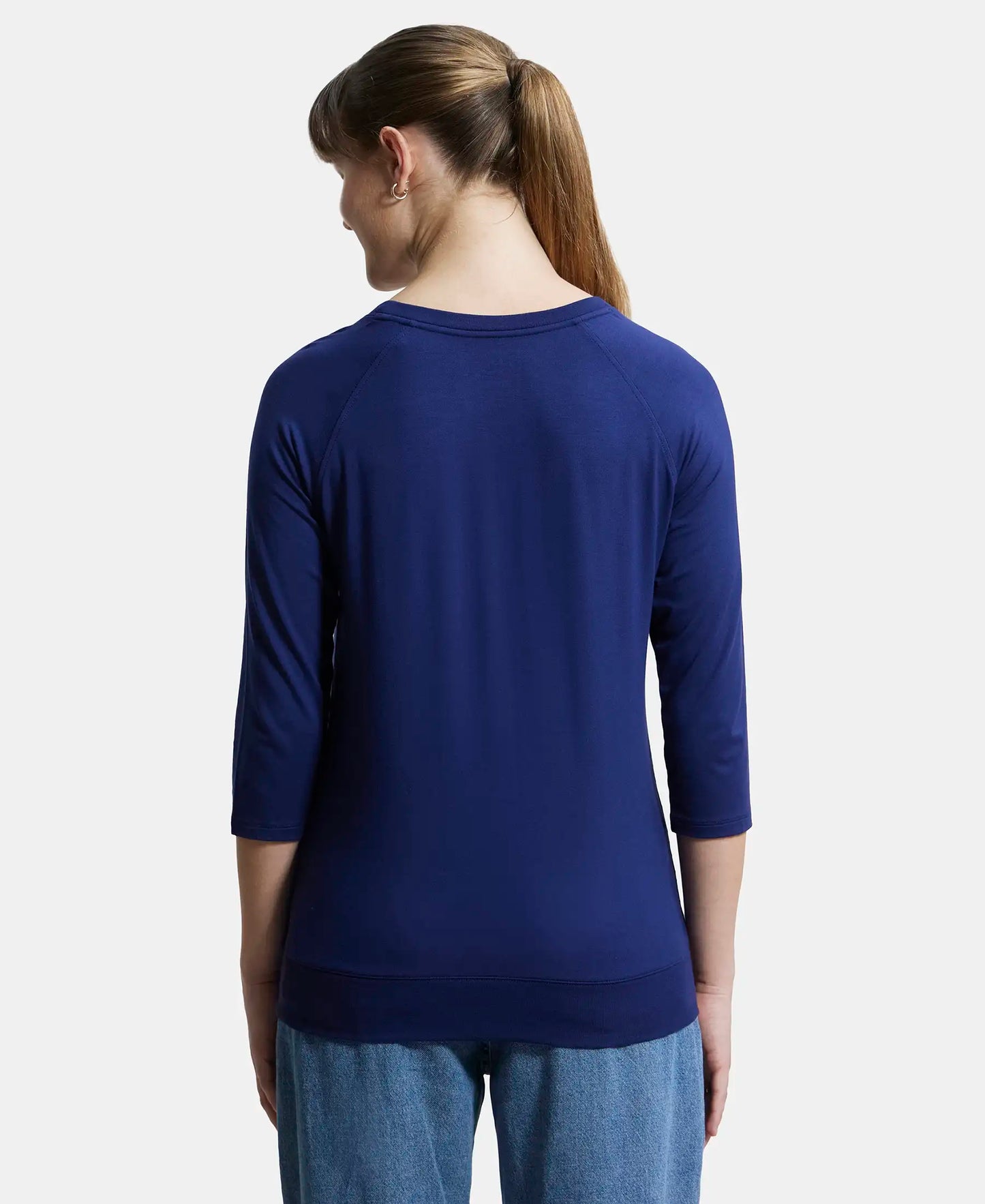 Super Combed Cotton Viscose Elastane Regular Fit Solid Round Neck Three Quarter Sleeve T-Shirt - Medieval Blue-3