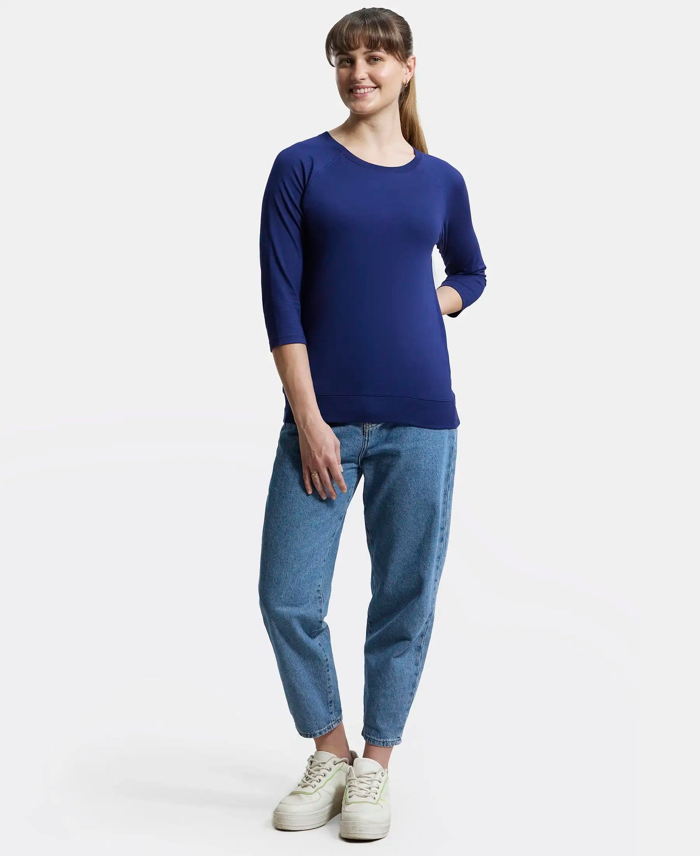 Super Combed Cotton Viscose Elastane Regular Fit Solid Round Neck Three Quarter Sleeve T-Shirt - Medieval Blue-4