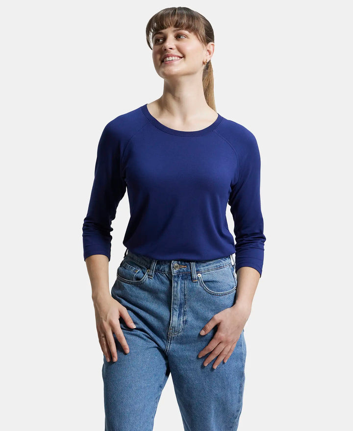 Super Combed Cotton Viscose Elastane Regular Fit Solid Round Neck Three Quarter Sleeve T-Shirt - Medieval Blue-5