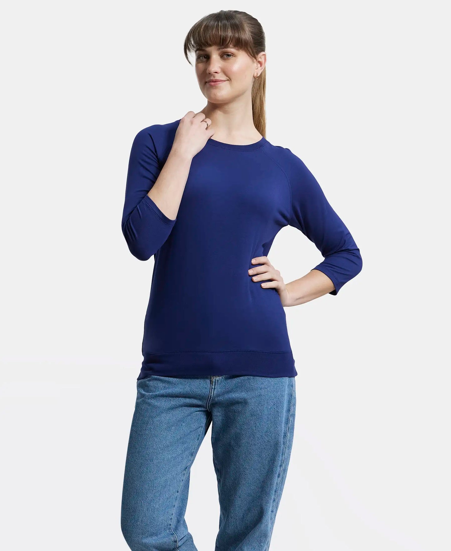 Super Combed Cotton Viscose Elastane Regular Fit Solid Round Neck Three Quarter Sleeve T-Shirt - Medieval Blue-6