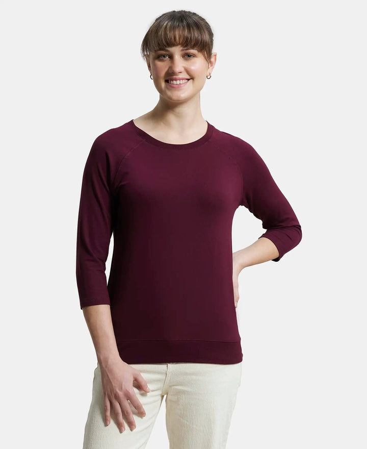 Super Combed Cotton Viscose Elastane Regular Fit Solid Round Neck Three Quarter Sleeve T-Shirt - Wine Tasting-1